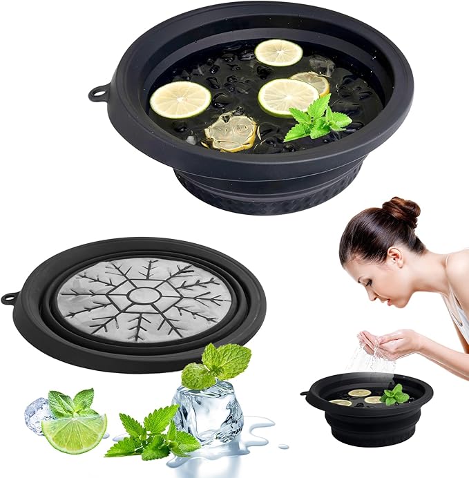 Ice Bowl for Face with Built-in Ice Tray, Foldable Silicone Face Bowl for Ice, Facial Ice Bath Bowl, Skin Tightening & Acne Relief, Portable Ice Face Bowl for Home Travel - Black