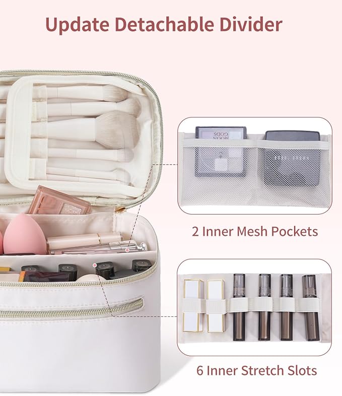 Wandering Nature Makeup Bag, Travel Make Up Bag with Divider, Makeup Case Organizer for Women in Fabric, White