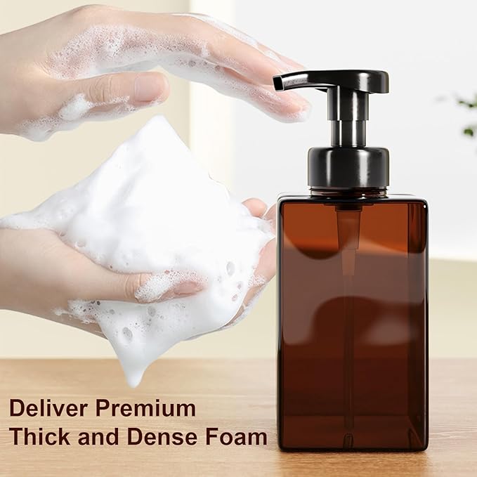 Amber Foaming Soap Dispenser, Refillable Foam Hand Soap Dispenser, Set of 2 Empty Foamer Pump Bottle, Brown Foaming Dispenser Bottles with Black Pump