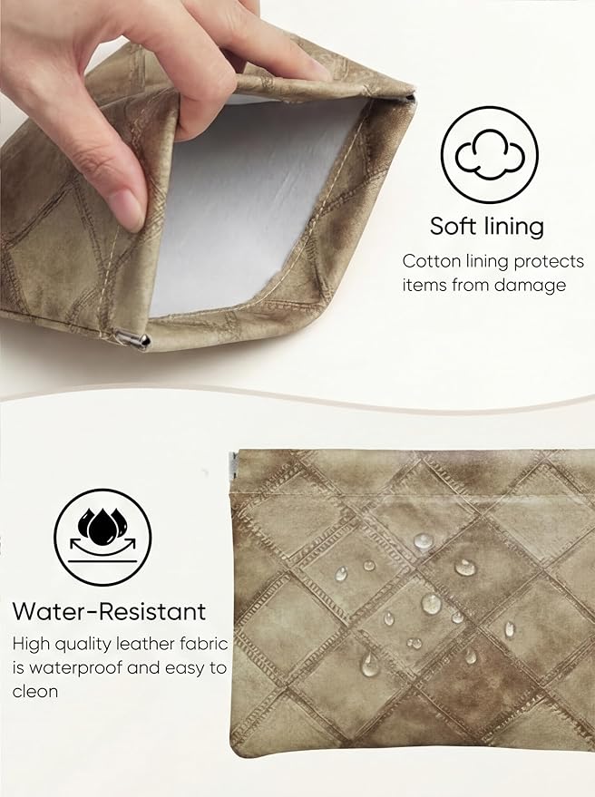 Denim Brown PU Leather Makeup Pouch Set for Women Small Checkered Make Up Bag for Purse Waterproof Initial Makeup Cosmetic Bags Pouches for Purse Aesthetic Travel Toiletry Bag,