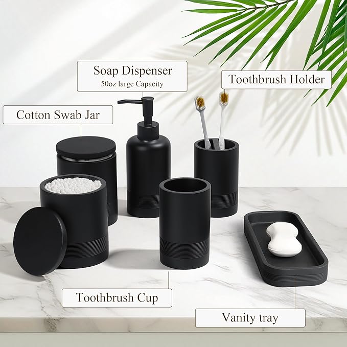 6-Piece Bathroom Accessories Set, Organizer Set with Soap Dispenser, Toothbrush Holder Set, Vanity Tray, Tumbler & 2 Cotton Swab Jars – Modern Stylish Bathroom Storage(Matte Black)