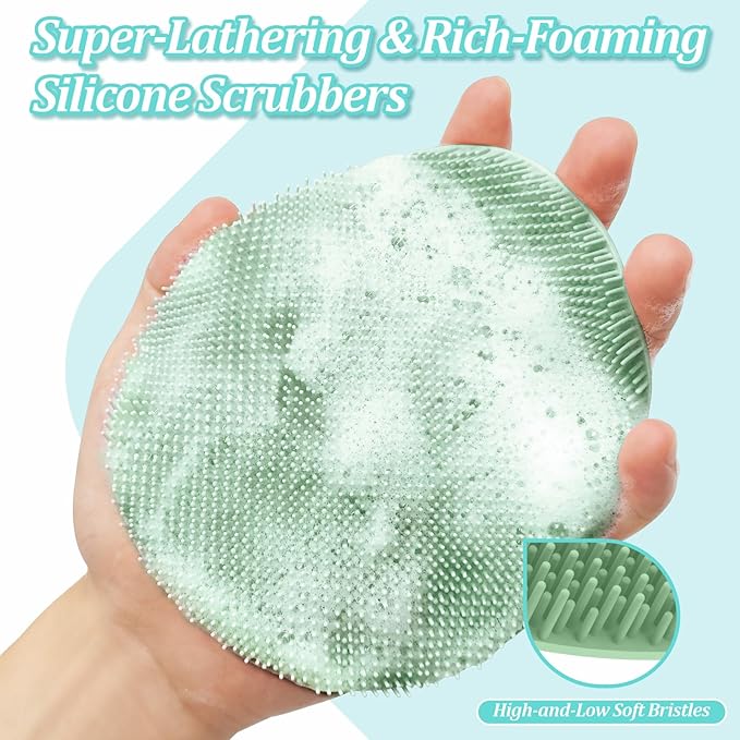 Silicone Bath Glove & Face Scrubber Set 2PCS, 360° Anti-Slip & Hand-fit Body Scrubber for Rich Foaming Deep Cleaning, Unique Facial Scrubber with Side-bristles for Contoured Areas.(Green)