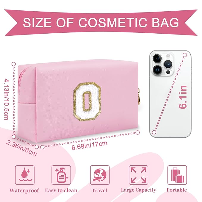 Personalized Initial A-Z Preppy Patch Makeup Bag,Small PU Chenille Letter Cosmetic Bag with Zipper for Teen Girls,Pink Cute Toiletry Organizer Bag,Monogram Makeup Case Gift for Women Girls,Letter O