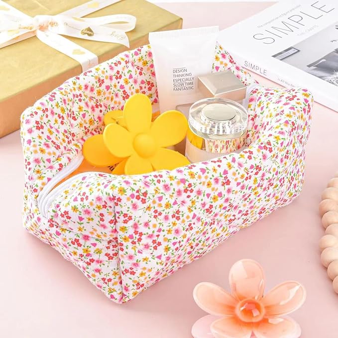 Puffy Coquette Floral Quilted Makeup Bag - Large Fashionable Travel Pouch, Cute Pink