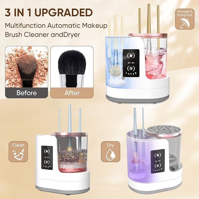 3-in-1 Electric Makeup Brush Cleaner with Dryer & Holder–Automatic USB Cleaning Machine for All Makeup Brush Sizes, Portable Quick-Dry Tool for Cosmetic Brushes
