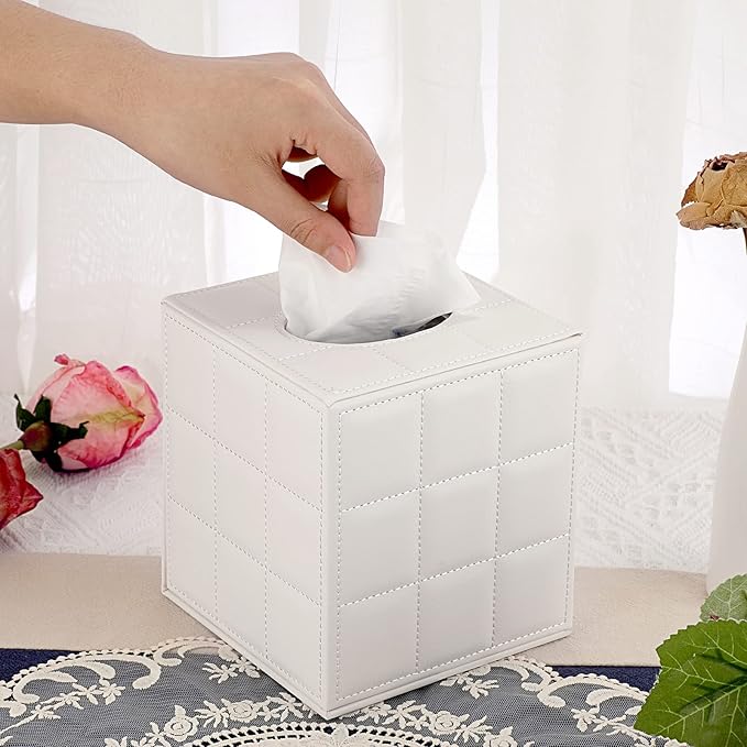 Sumnacon Square Leather Tissue Box Cover - Stylish Cube Tissue Box Holder with Magnetic Bottom, Decorative PU Tissue Box for Vanity Dresser Night Stand Table Countertop Home Office Car, Grid White