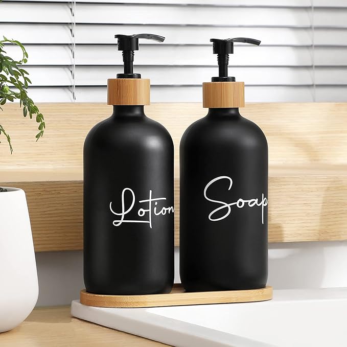 17 oz Hand Soap Dispenser Empty Glass Lotion Pump Bottles, Refillable Liquid Dish Soap Bottles for Bathroom Decor, Kitchen Sink, Matte Design and Wood Tray, Pack of 2, Black