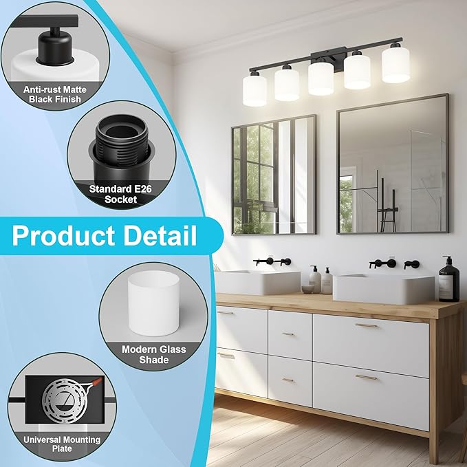 Bathroom Black Lighting Fixtures Over Mirror, Anti-Rust 5-Light Bathroom Vanity Lights,Milky White Glass Shades
