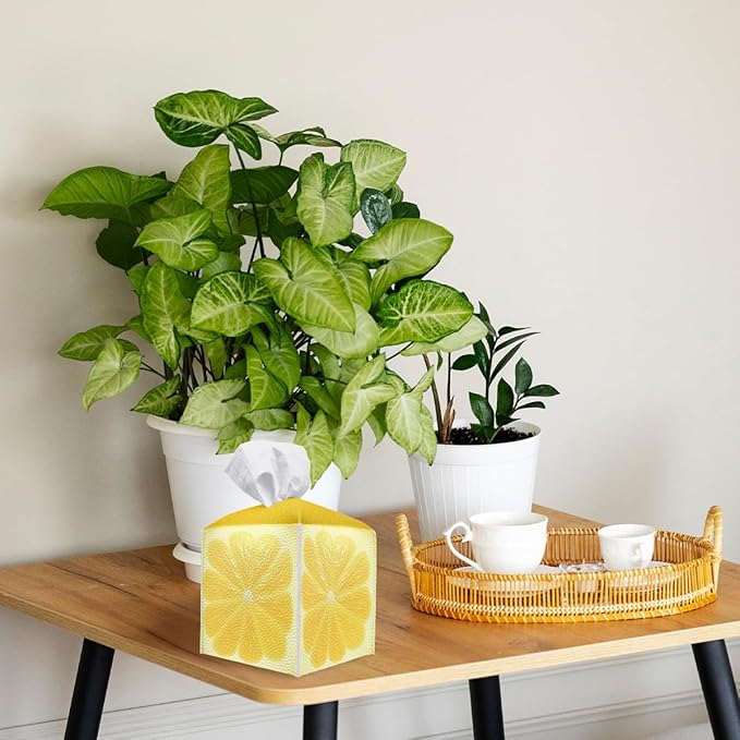 Cute Fruit Tissue Box Cover Funny Yellow Lemon Leather Tissue Box Holder Square Facial Paper Organizer Dispenser for Bathroom Kitchen Bedroom Vanity Countertop Night Stands