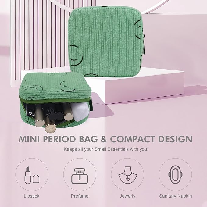 Sanitary Napkin Storage Bag, Corduroy Period Bag for Women, Cute Portable Period Pouch with Zipper, Sanitary Pads Bag Tampons Holder for Purse, First Period