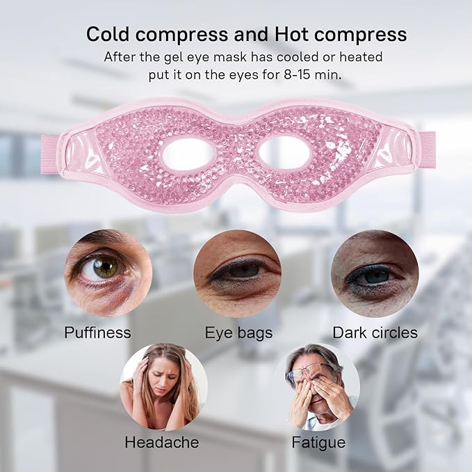 Cooling Gel Eye Mask, 2 PCS Reusable Eye Pad & Cool Compress for for Puffiness & Swelling, Cold Pack with Plush Backing for Migraine & Stress Relief, Pink