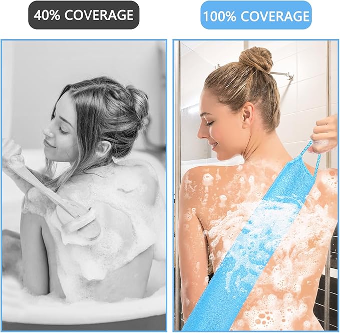 2pcs Exfoliating Back Scrubber Nylon Shower Bath Exfoliator Extended Length Body Scrub Towel Stretchable Pull Korean Washcloth Strap with Handles(Blue + Gray)