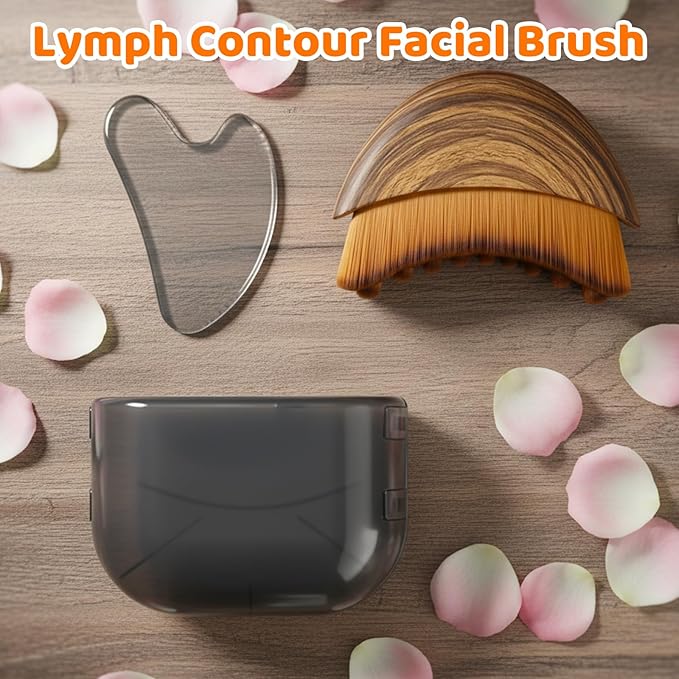 Lymphatic Contour Face Brush with Storage Case, Gua Sha Tool for Face, Stainless Steel Guasha Facial Tools Set, Lymphatic Drainage Brush for Facial Massage and Skin Care