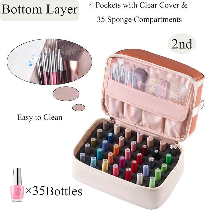 Nail Polish Organizer Holds 35 Bottles & Nail Lamp, Nail Organizers and Storage, Double Layer Nail Bag with Handle & Shoulder Strap for Travel, Nail Supplies Organizer for Manicure Kit (Brown+Beige)