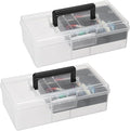 JUXYES 2 Pack Plastic Carry Storage Box with Removable Dividers, Clear Art Craft Supply Storage Bin Sewing Box With Handle Lid, 2 Layers Stationery Storage Case for School/Office Supplies Black