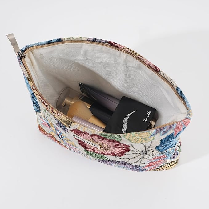 2 PCS Makeup Bag Set Cute Small Cosmetic Bag for Purse ，Large Toiletry Bag Makeup Organizer，Travel Pouch with Zipper for Women, (Flower Garden White)