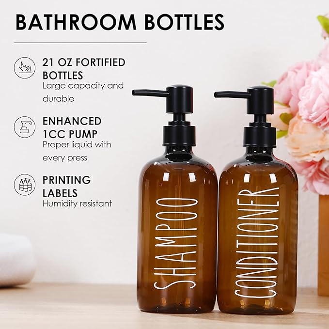 HOMCDALY Shampoo and Conditioner Dispenser Set of 3, 21oz Shower Soap Bottles with Pump, Refillable Shampoo Conditioner Body Wash Dispenser, Empty Bathroom Shower Shampoo Bottles(P-Brown)