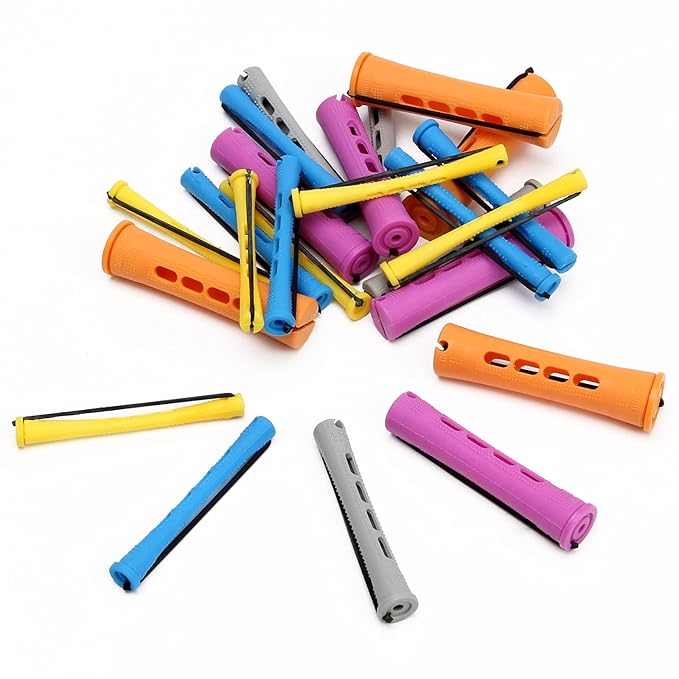 100 Pieces Nature Hair Curlers for Short Hair - Cold Wave Rollers with Elastic Bands, 5 Sizes for Curl Styling with Plastic Brush Combo