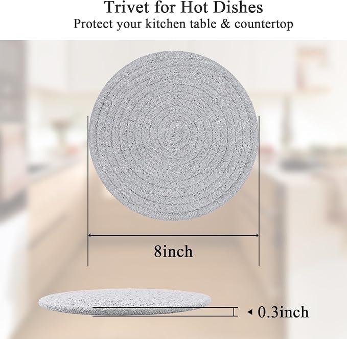 SHACOS 8 Inches Trivets for Hot Dishes, 4 Pieces Heat-Resistant Trivets Mats for Kitchen, Cotton Pot Holders for Hot Pots and Pans, Hot Pads for Countertops and Table, Gray and Light Gray (Pack of 2)