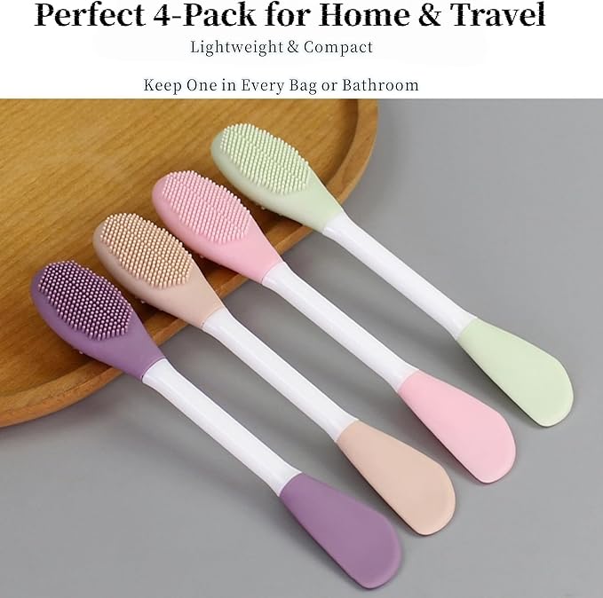 2 in1 Silicone Face Mask Brush & Facial Cleansing Brush, 4 Pack Double-Sided Face Scrubber Applicator for Clay Mud Mask, Cream, Lotion, Exfoliating & Massage, Soft Spa Skincare Tool for All Skin Types