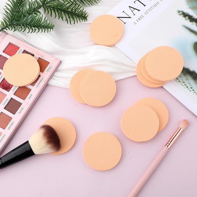 Jeffdad 12 Pcs Round Makeup Sponges, Facial Powder Puff Cosmetic Sponge Round Foam Pad Beauty Makeup Eye Foundation Powder Blender for All Skin Types Wet and Dry Dual Use(Skin Color)