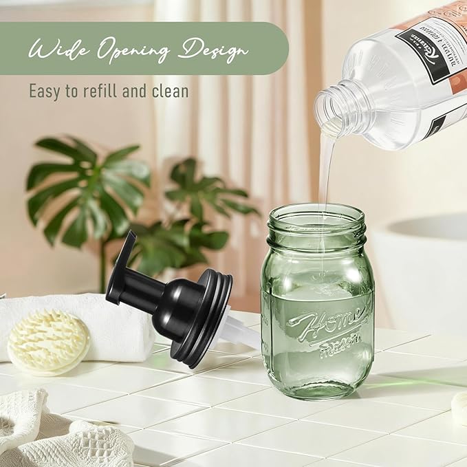 SheeChung 16 Oz Mason Jar Foaming Soap Dispenser, Stainless Steel Lid, BPA Free Pump, Green Glass Foam Hand Soap Dispenser, Refillable Liquid Foam Dispenser Bottle for Bathroom Kitchen-Black, 2 Pack