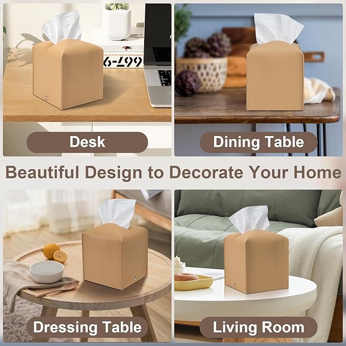Aisoso 2 Pcs Square Cream Tissue Box Cover PU Leather Decorative Tissue Organizer Dispenser Holder for Bathroom, Desk, Home, Car, Office, 5.12" X 5.12" X 5.12"