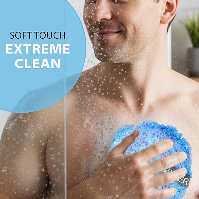 SHOWER BOUQUET Loofah Bath-Sponge XL Swirl-Deep-4-Pack // Extra Large 75g Soft Mesh Net Luffa Loofa Loufa Lufa Puff Set/Exfoliating Body Scrubber for Women and Men - Exfoliate & Soothe Face & Body