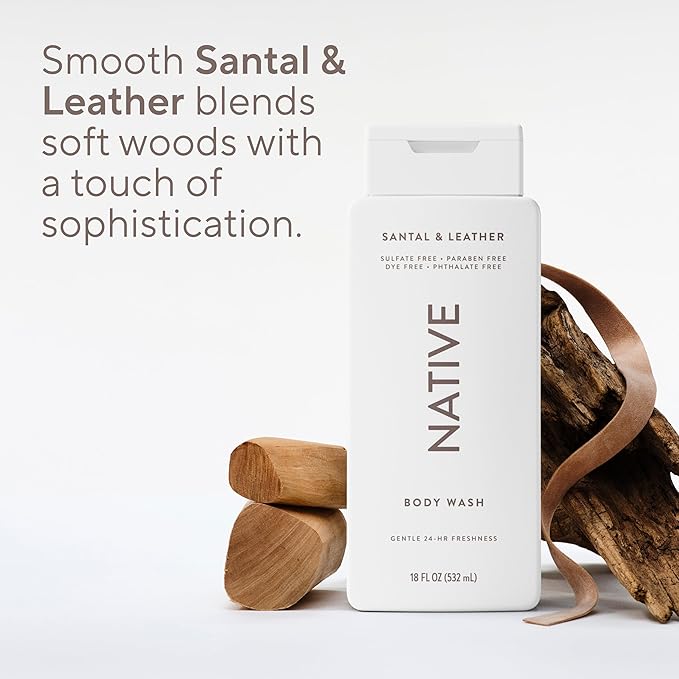 Native Body Wash Contains Naturally Derived Ingredients | For Women & Men, Sulfate, Paraben, & Dye Free Leaving Skin Soft and Hydrated | Santal & Leather 18 oz