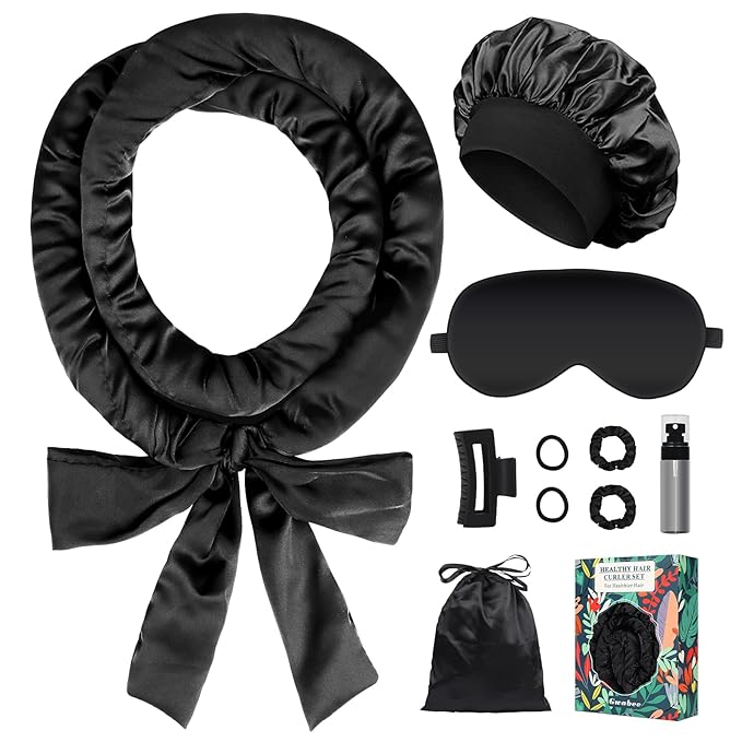 Satin Heatless Curls Overnight Hair Curlers to Sleep In Hair Curler Rollers No Heat Hair Wrap for Curls Headband, 70" Satin Heatless Curling Rod Set for Women Long Waves Hair Volume-Black 10PCS