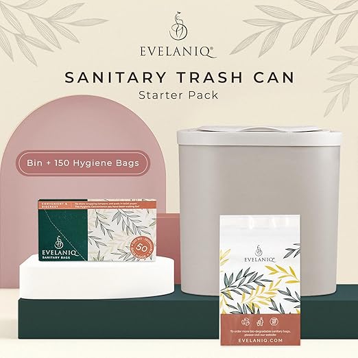 Women's Sanitary Napkin Receptacle (Bin + 150 Hygiene Bags) Feminine Pad & Tampon Restroom Disposal Receptacle Mini Trash Can Starter Pack, Light Grey for Home & Business Bathrooms.