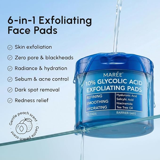 MAREE Glycolic Acid Resurfacing Pads - Toner Pads for Face Cleansing - Exfoliating Pad with Tea Tree Oil, Salicylic Acid & Vitamins E, B3, B5 - Acne Treatment Device for Pore Resurfacing - 50 Count