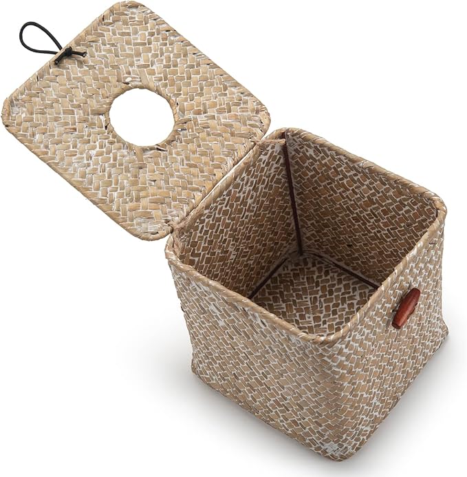 Tissue Box Cover Square, Seagrass Tissue Box Holder, Woven Facial Tissue Holder, Rattan Wicker Tissue Box, Decorative Tissue Cover for Dinner Table, Living Room, Bathroom, Bedroom, Office (Whitewash)