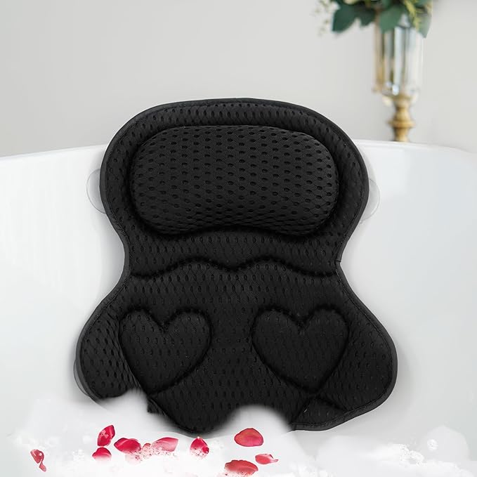 Bath Pillows for Tub Luxury, Bath Pillow for Head and Neck, Fit Bathtub Hot Tub Relaxing Gifts for Women, Comfort 4D Air Mesh Fabric & 6 Non-Slip Suction Cups, Black