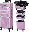 TOPACK Professional 4-In-1 Rolling Makeup Train Case, Large Makeup Travel Case with Key Shoulder Strap/Handle Cushion I Makeup Train Case Organizer I Cosmetology Case on Wheels I Pink