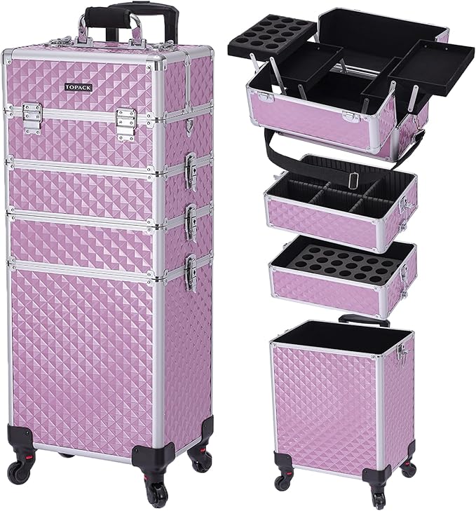 TOPACK Professional 4-In-1 Rolling Makeup Train Case, Large Makeup Travel Case with Key Shoulder Strap/Handle Cushion I Makeup Train Case Organizer I Cosmetology Case on Wheels I Pink