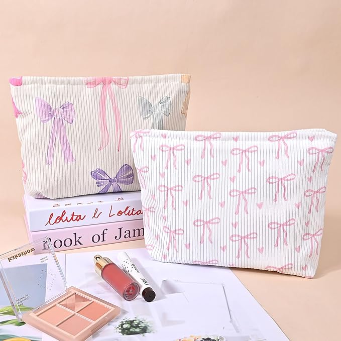 Cute Makeup Pouch for Women Bows Hearts Small Make Up Bag for Purse Zipper Initial Cosmetic Bags Pouches for Purse Aesthetic Travel Toiletrybags,Pink Bow Heart