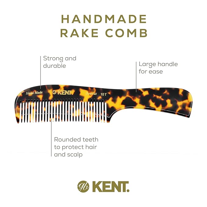 Kent 10T TY Large Handmade Wide-Tooth Detangling Rake Comb - Smooth and Comfortable for Curly, Wet or Dry, Thick Hair