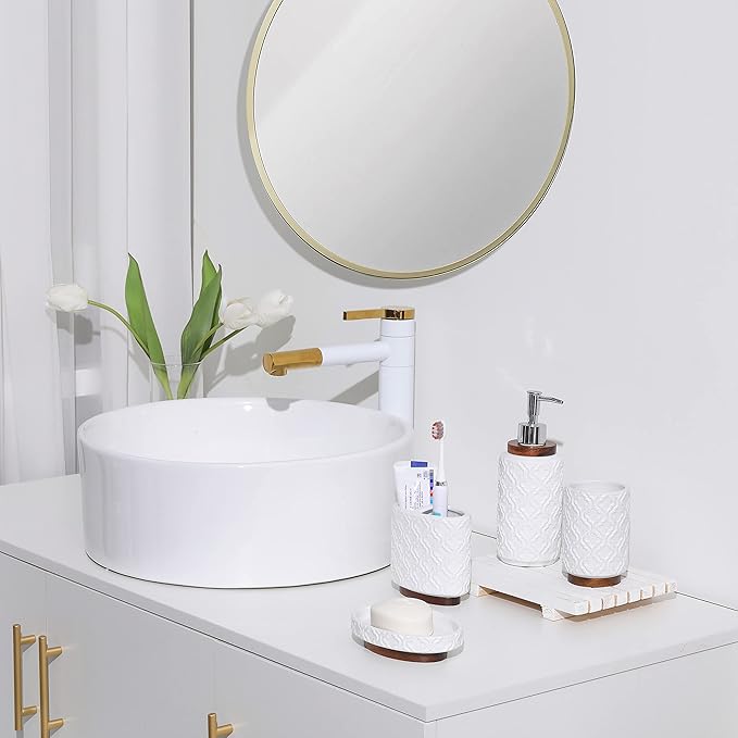 Elegant Bathroom Accessories Set 4 PCS Ceramic and Wood Bathroom Accessory Set Soap Dispenser Toothbrush Holder Tumbler Soap Dish Easy to Clean Quatrefoil Pattern White