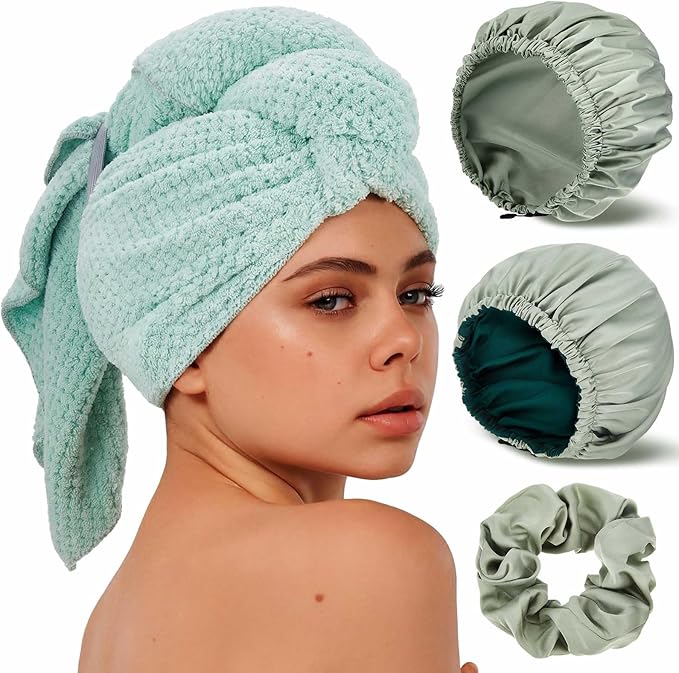 4 Pcs Microfiber Drying Hair Wrap Towels Reusable Waterproof Shower Cap with Elastic Band Adjustable Silk Hair Bonnet for Sleeping with Scrunchie for Women Christmas Favor Gifts(Green)