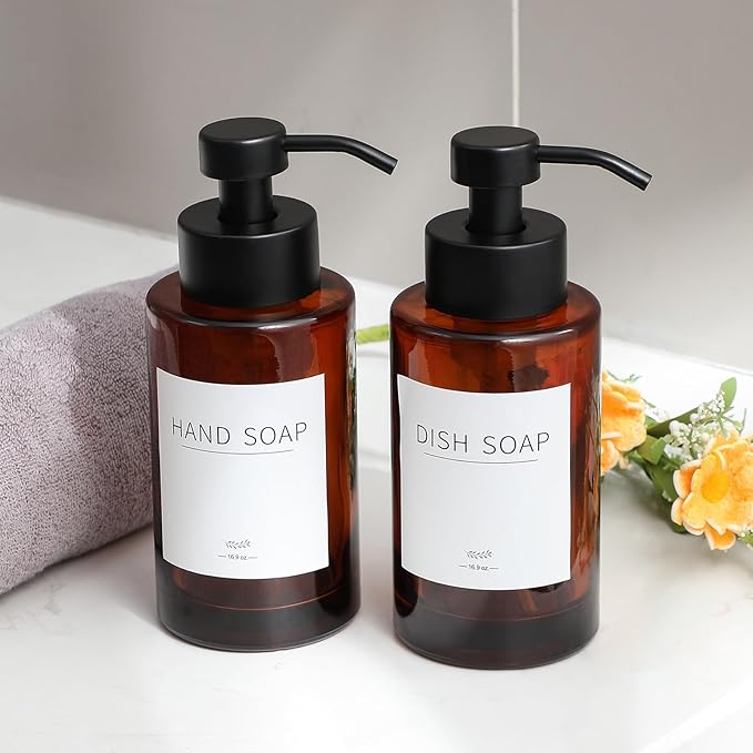 Foaming Soap Dispenser Set, 12 Oz Glass Hand Soap Dispenser with 304 Rust Proof Stainless Steel Pump, Waterproof Labels, for Bathroom Decor Kitchen College Dorm, Brown Black Pump 2 Pack