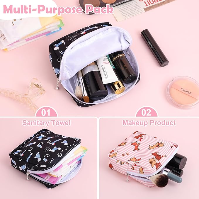 Desing Wish Sanitary Pad Storage Bag Portable Period Bag for Teen Pads/Sanitary Napkins/Small Tampons, Sanitary Napkin Storage Bag First Period Gifts for Teen Girls (Colored Puppy)