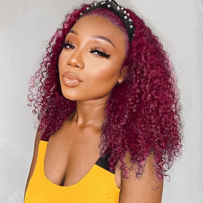 XSY Headband Wig Human Hair 99J Burgundy Deep Wave Headband Wig 16 Inch Red Colored Curly Headband Wig Glueless No Lace Front Wig Brazilian Virgin Human Hair Wigs for Black Women 150% Density