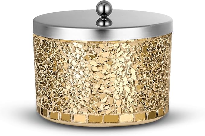 Bathroom Jars q tip holder, Gold Mosaic Glass Cotton Swab Holder, Cosmetics Makeup Accessories Storage for Makeup Sponge Bath Salts Storage Christmas Birthday