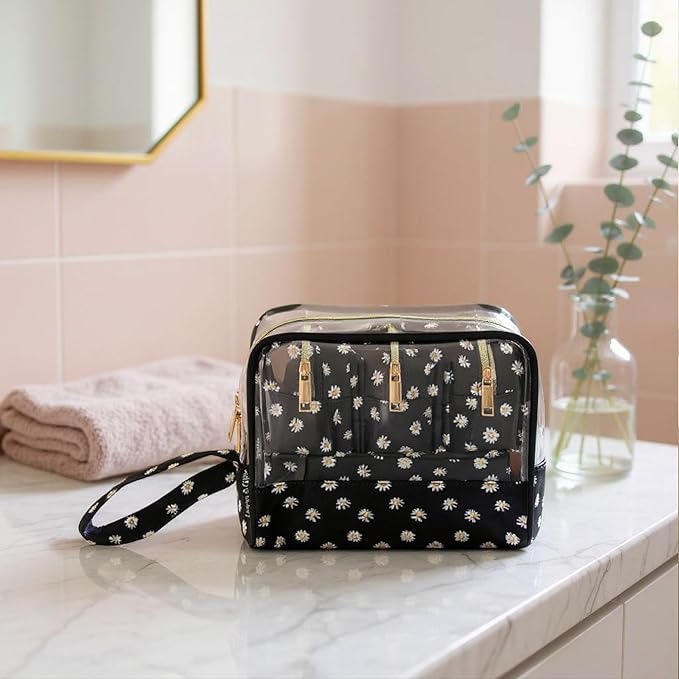 Emma & Chloe Travel Toiletry Bags for Women, 5 Piece Waterproof Cosmetic Case, Bag, Pouch Makeup Organizer Set for Women, Home Counters (Delicate White Daisies)