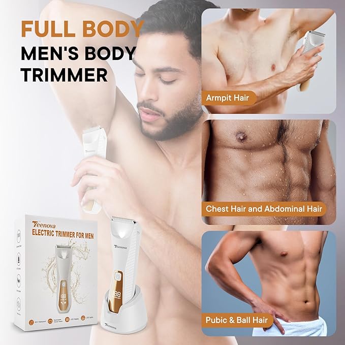 Pubic & Body Hair Trimmer for Men, 2 In 1 Electric Ball Groin Razor Shaver with Ceramic Blade, No Nick Mens Grooming Kits for Wet/Dry Use, Cordless Charging Body Groomer with Led Display,White