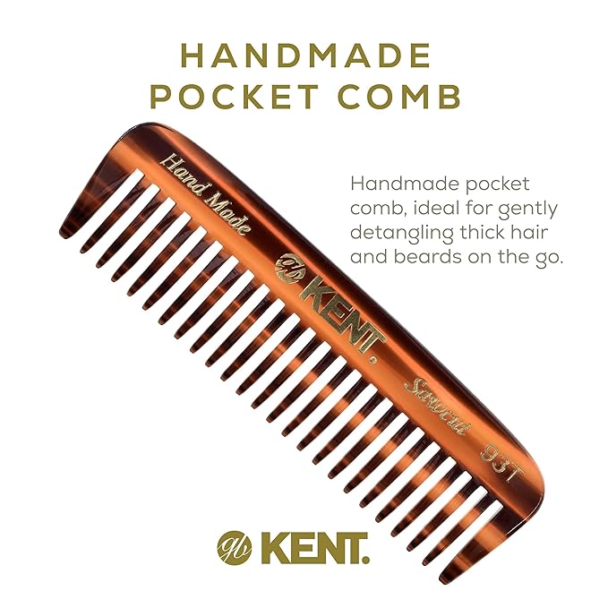 Kent 93T Wide Tooth Men's Comb, for Mustache and Beard ideal for Facial Hair, Small Pocket Sized Travel Detangler Comb, Saw-Cut Hand polished Made in England