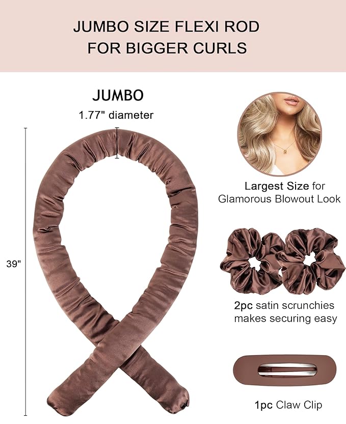 Jumbo Heatless Curls Overnight Hair Curler to Sleep In Soft Large Hair Rollers for Long Hair Blowout Look No Heat Overnight Curls, Satin Flexi Rods for Big Curl Heatless Curling Rod Set with Clip