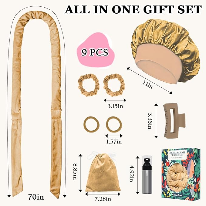 70" Soft Hair Curlers for Overnight Curls - No Heat Curl Wrap with 9 Rods for Long Hair, Khaki