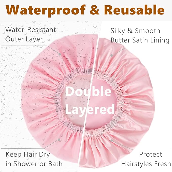 Adjustable Shower Caps for Women Reusable Waterproof Satin Lining Large Shower Cap for Women and Men Long Hair Braids Curly Hair (L,Pink/Pink)